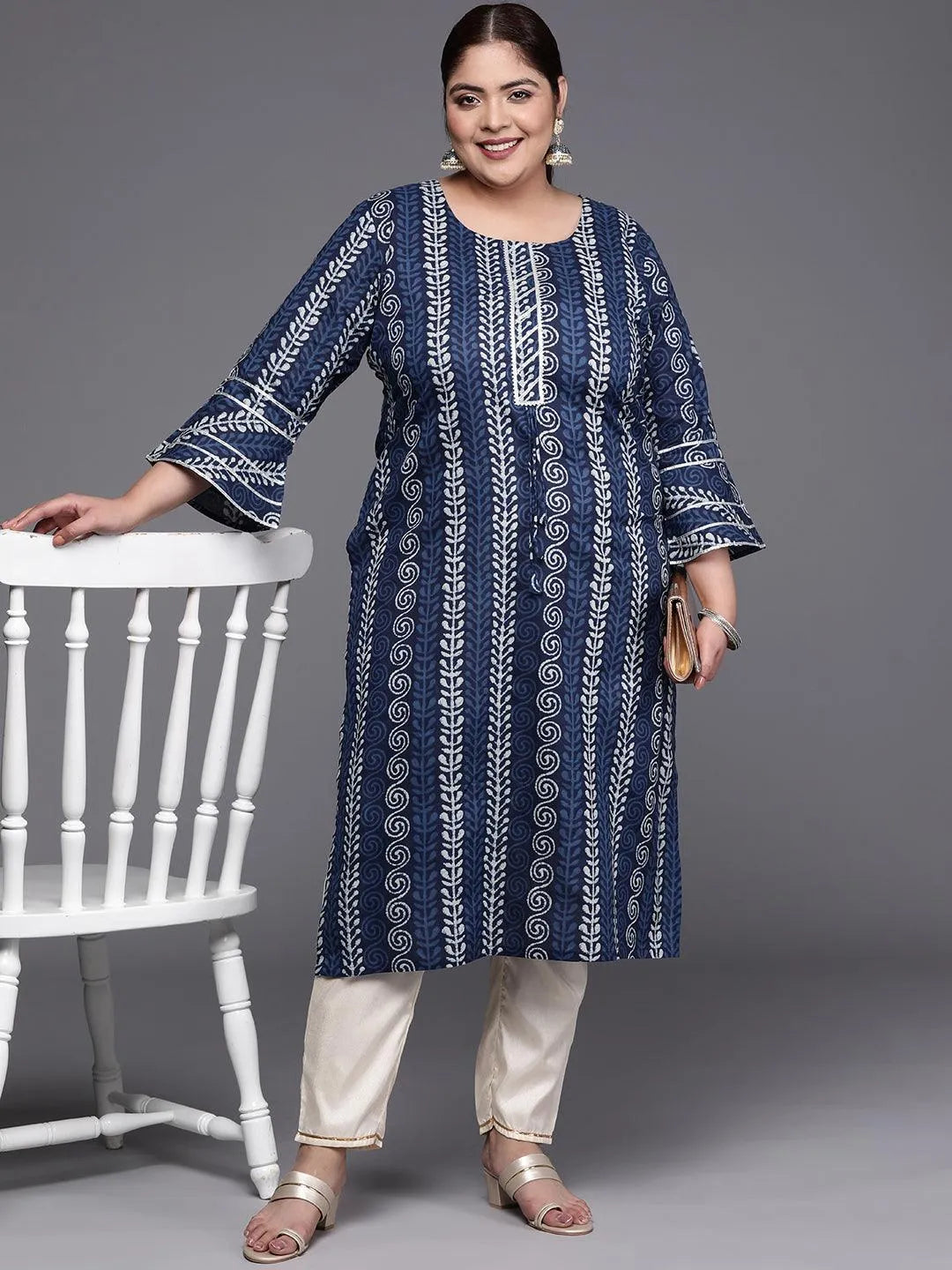 Plus Size Blue Printed Cotton Straight Kurta - Libas 