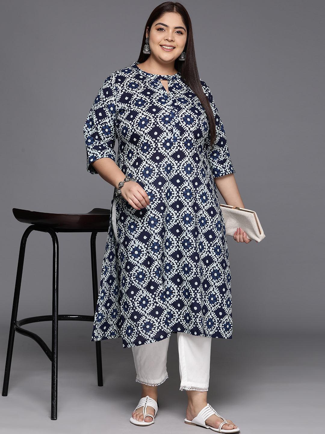 Plus Size Blue Printed Cotton Straight Kurta - Libas 