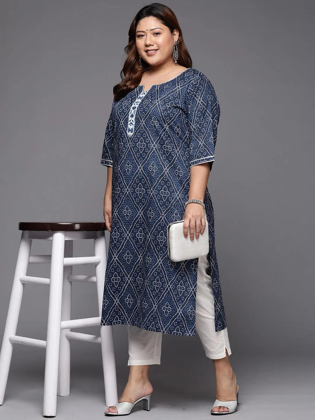 Plus Size Blue Printed Cotton Straight Kurta - Libas