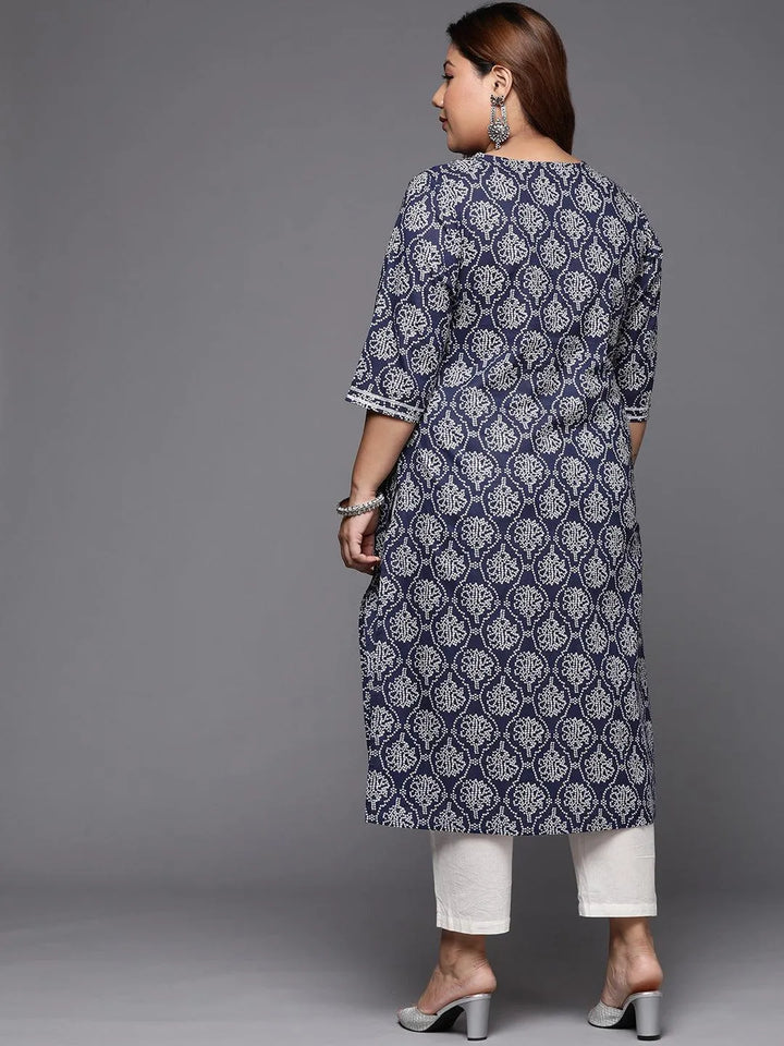 Plus Size Blue Printed Cotton Straight Kurta - Libas