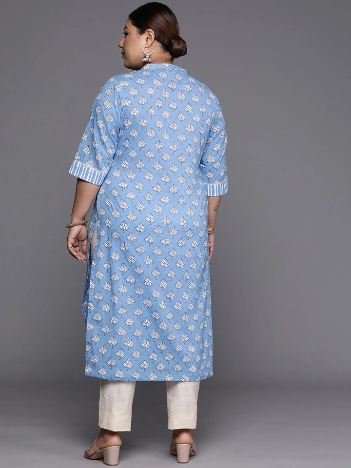 Plus Size Blue Printed Cotton Straight Kurta - Libas