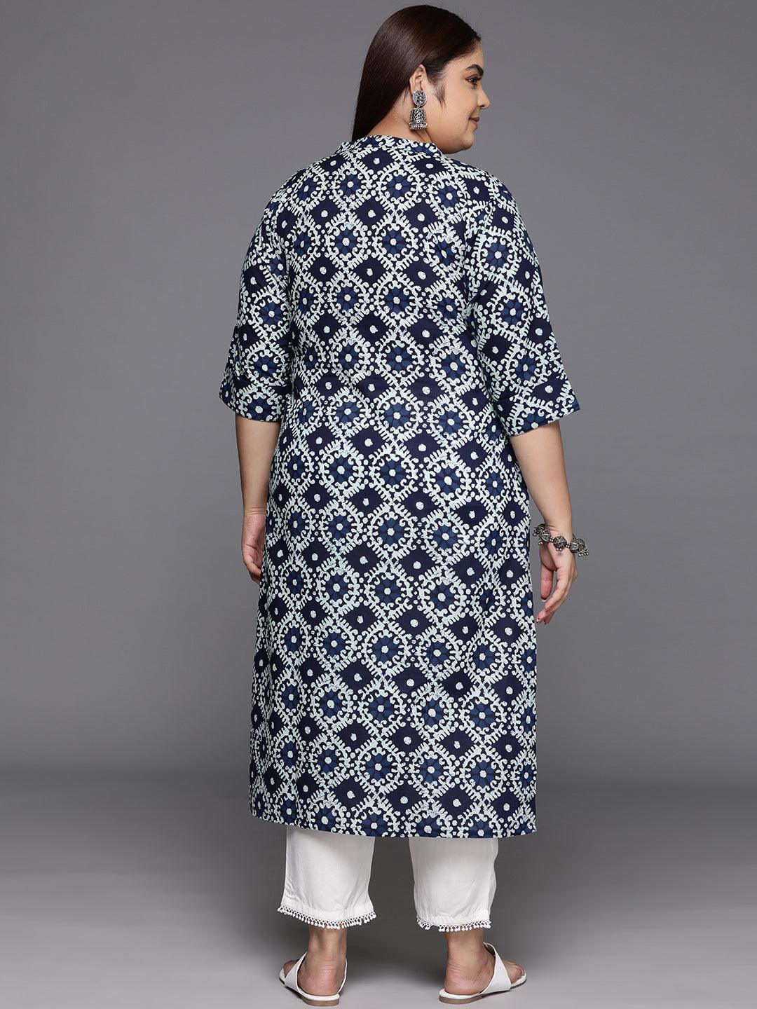 Plus Size Blue Printed Cotton Straight Kurta - Libas 