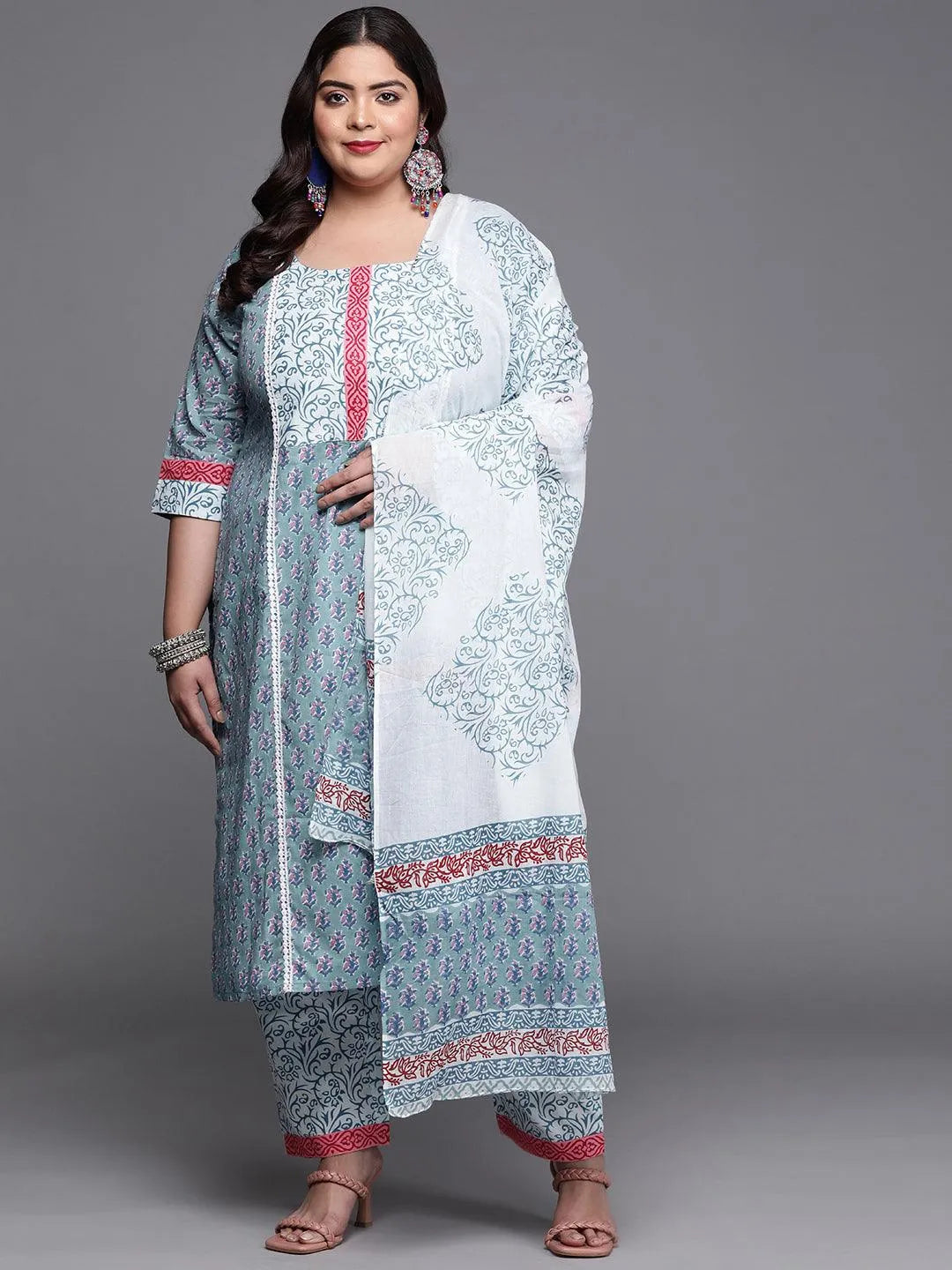 Plus Size Blue Printed Cotton Suit Set - Libas