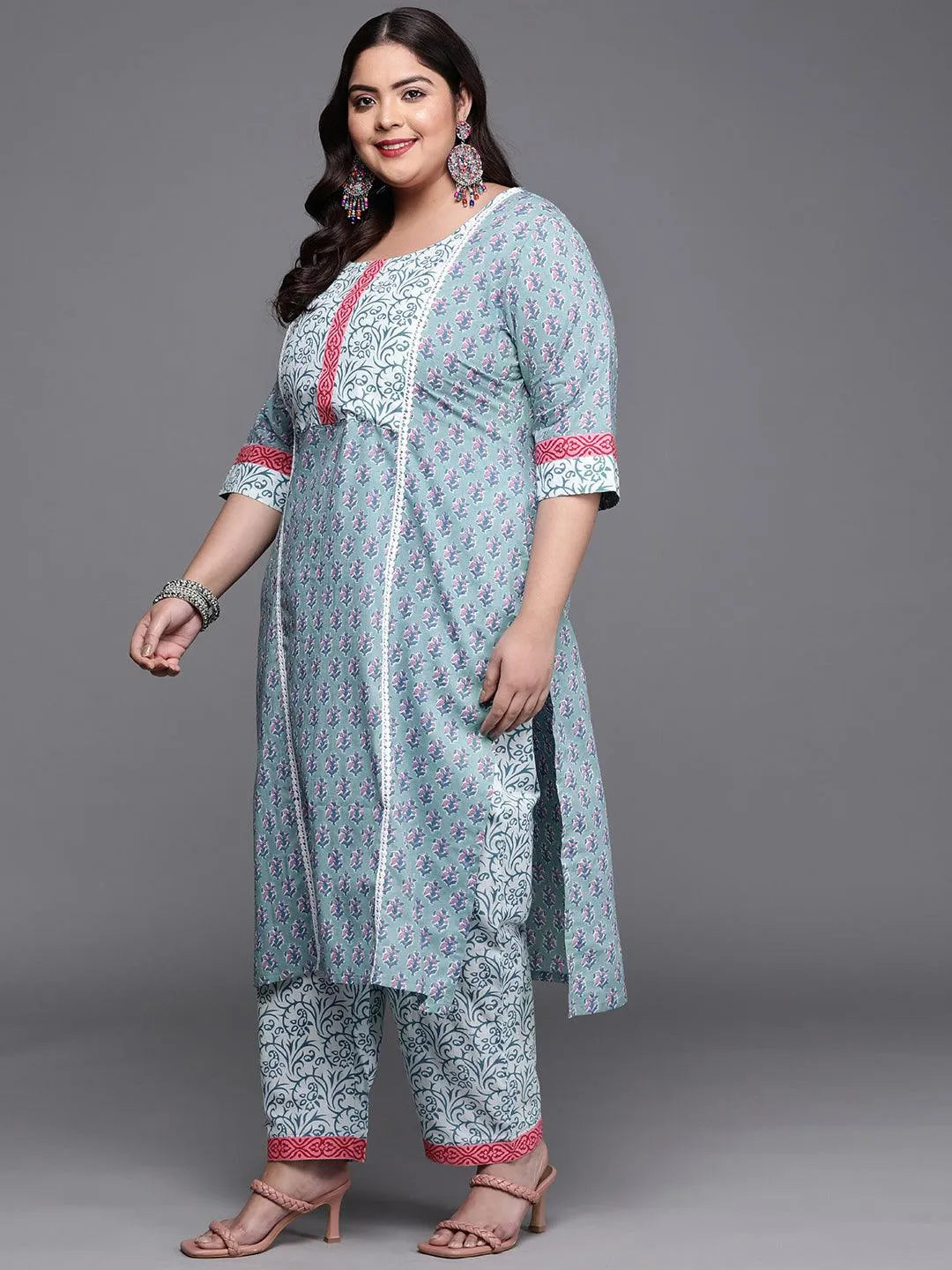 Plus Size Blue Printed Cotton Suit Set - Libas 