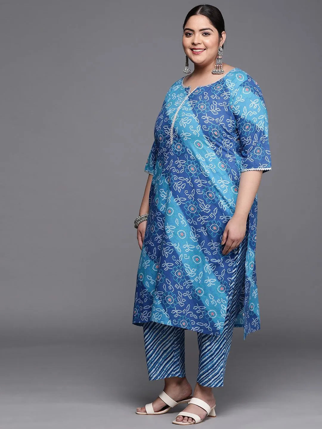 Plus Size Blue Printed Cotton Suit Set - Libas 