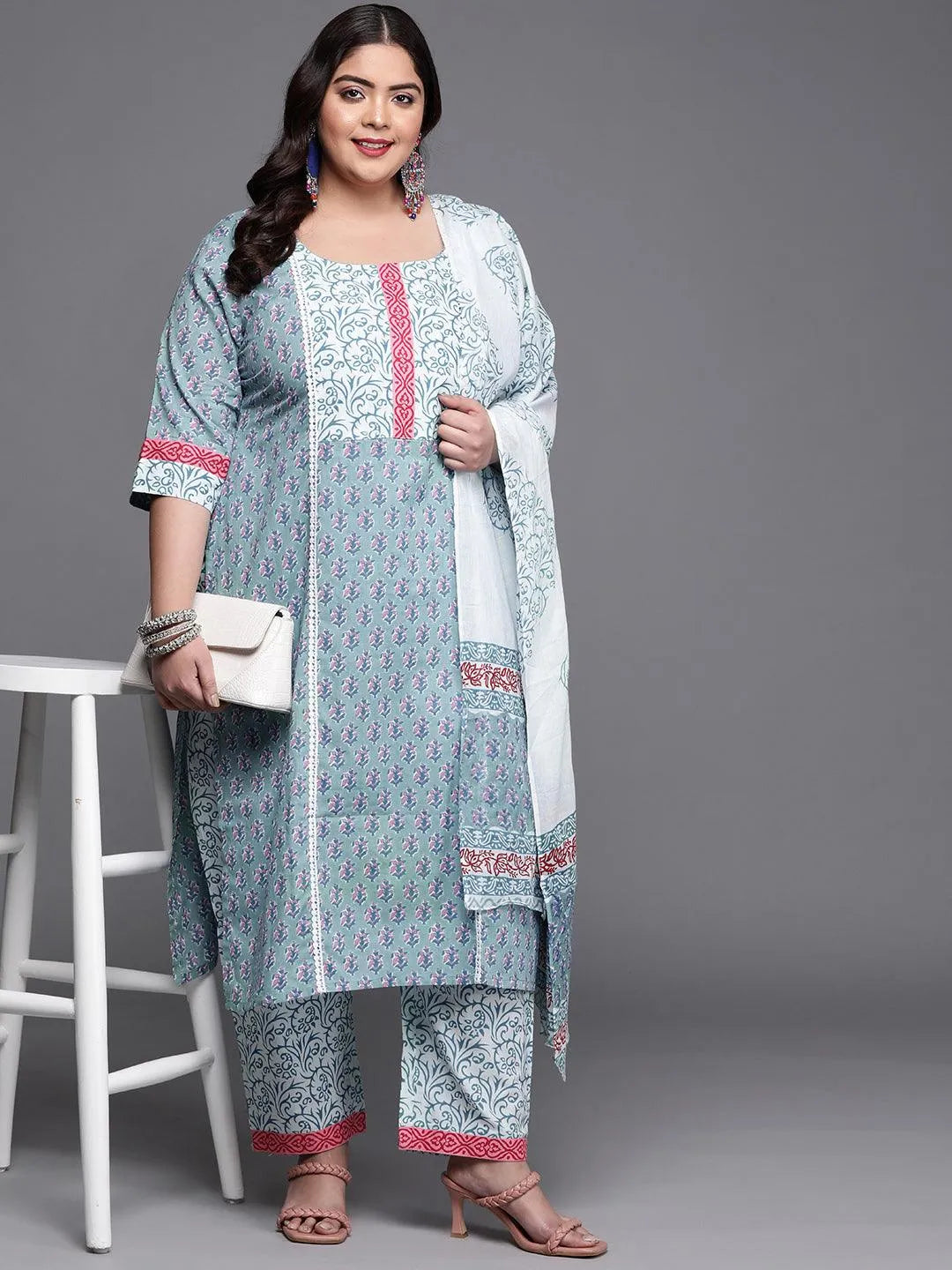 Plus Size Blue Printed Cotton Suit Set - Libas 