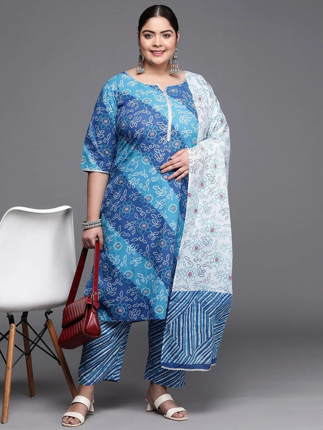 Plus Size Blue Printed Cotton Suit Set - Libas 