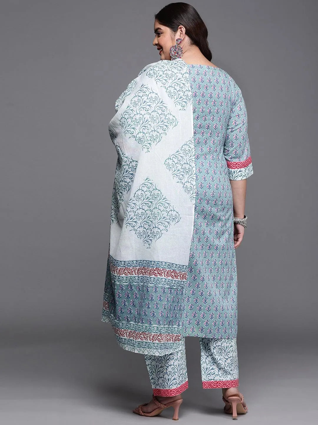 Plus Size Blue Printed Cotton Suit Set - Libas