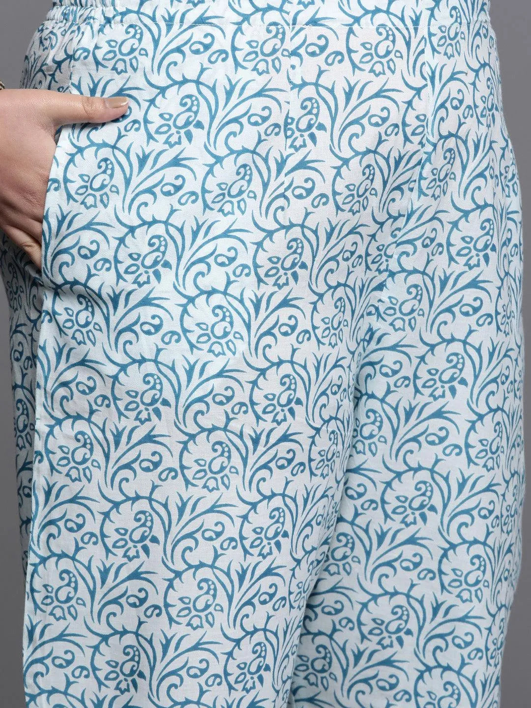 Plus Size Blue Printed Cotton Suit Set - Libas