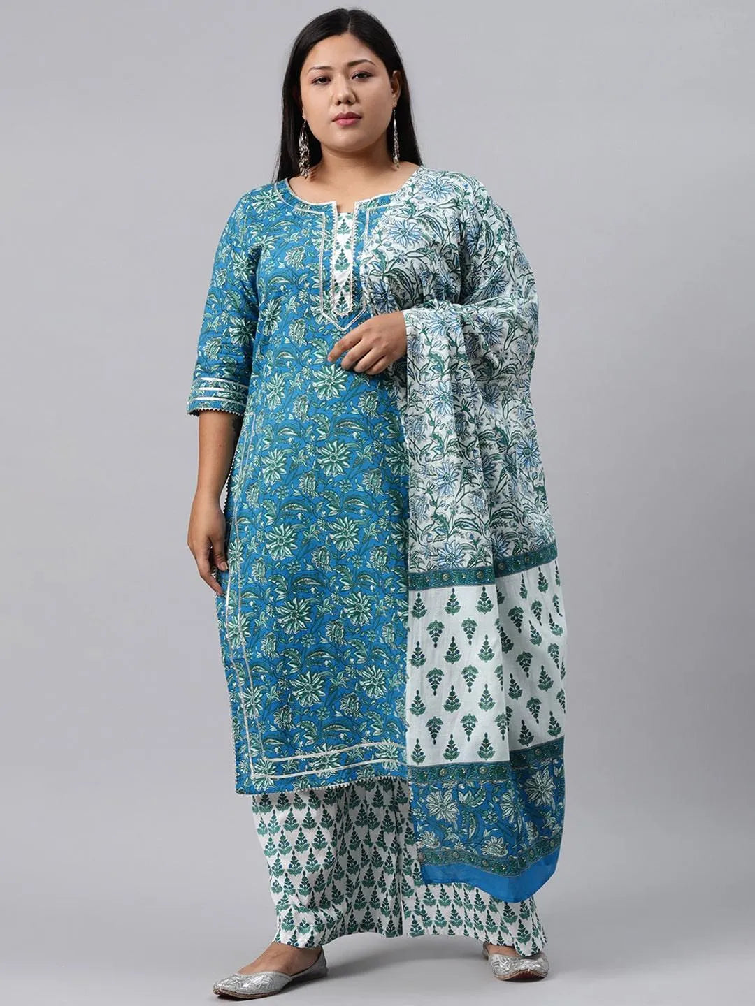 Plus Size Blue Printed Cotton Suit Set - Libas