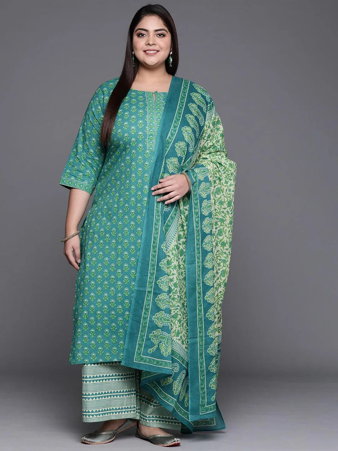 Plus Size Blue Printed Cotton Suit Set - Libas