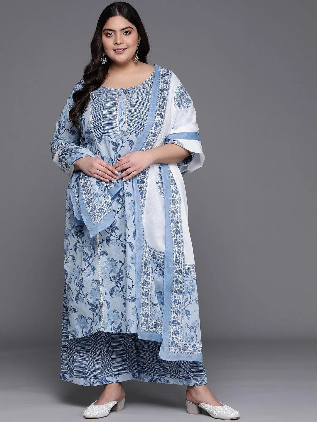 Plus Size Blue Printed Cotton Suit Set - Libas