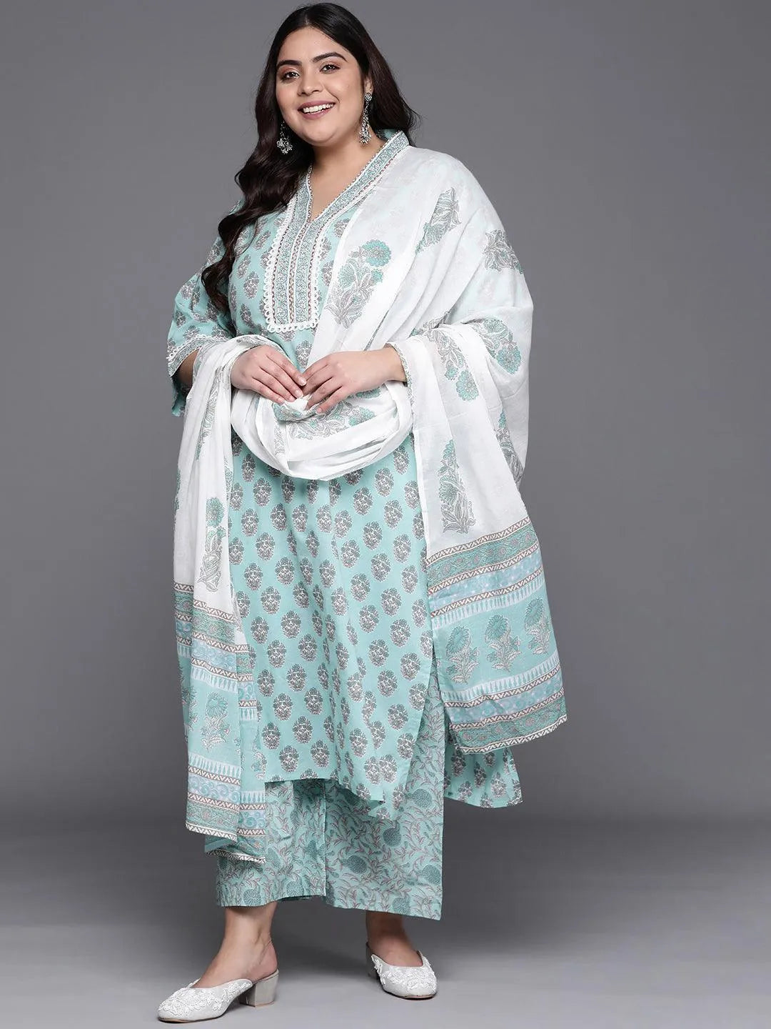 Plus Size Blue Printed Cotton Suit Set - Libas 