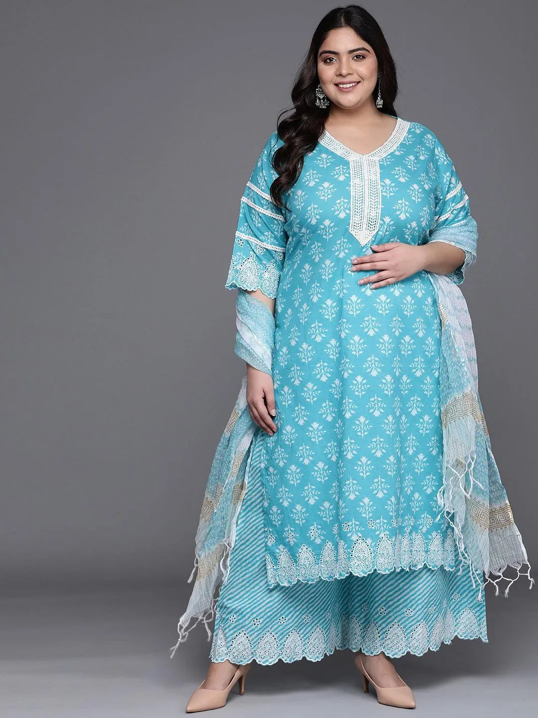 Plus Size Blue Printed Cotton Suit Set - Libas 