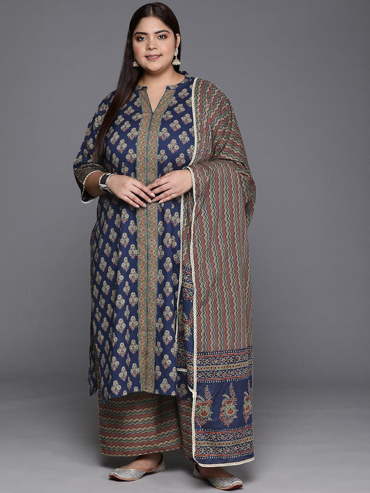 Plus Size Blue Printed Cotton Straight Kurta With Palazzos & Dupatta - Libas