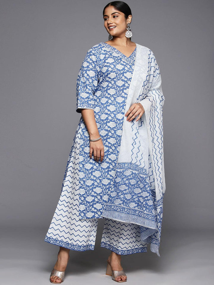 Plus Size Blue Printed Cotton Straight Kurta With Palazzos & Dupatta - Libas