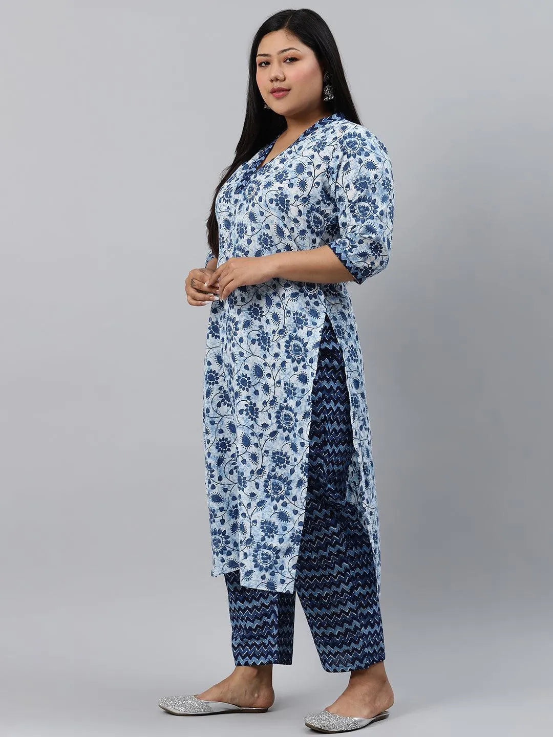 Plus Size Blue Printed Cotton Suit Set - Libas