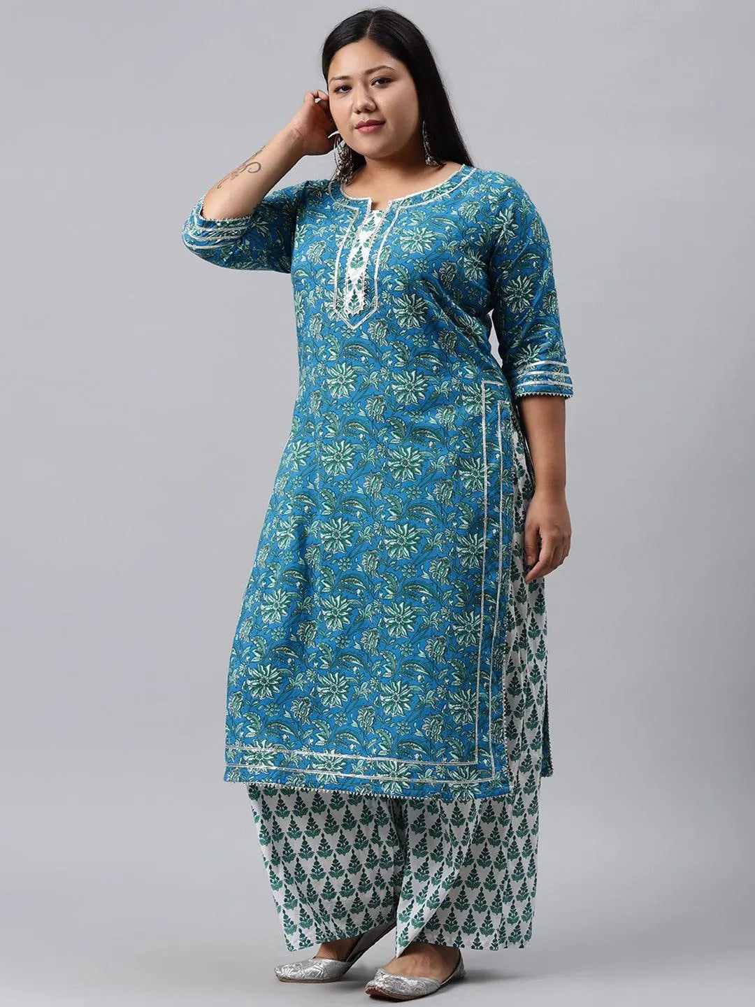 Plus Size Blue Printed Cotton Suit Set - Libas 