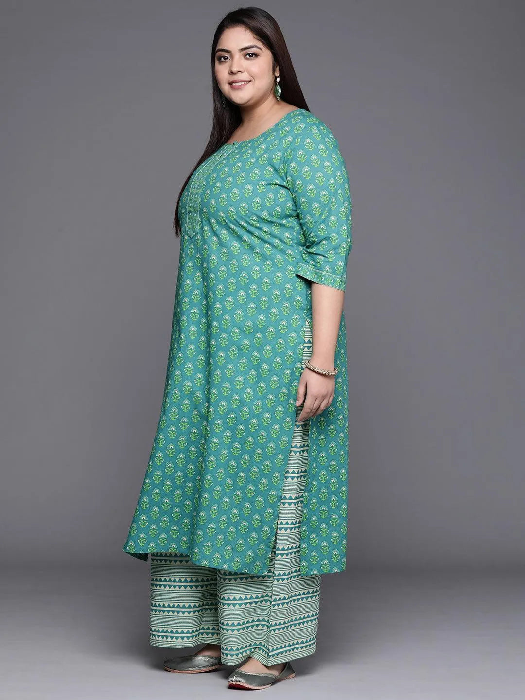 Plus Size Blue Printed Cotton Suit Set - Libas