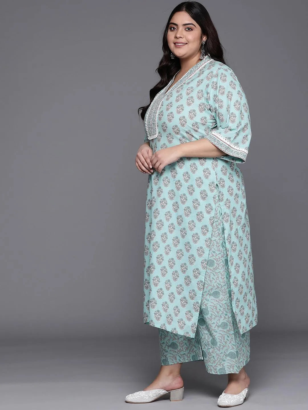 Plus Size Blue Printed Cotton Suit Set - Libas 