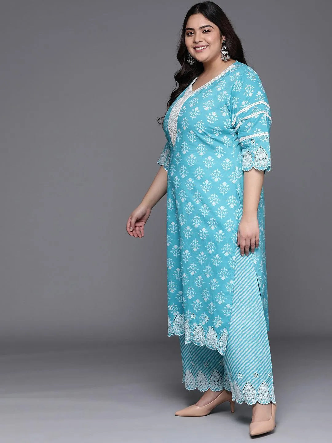 Plus Size Blue Printed Cotton Suit Set - Libas 