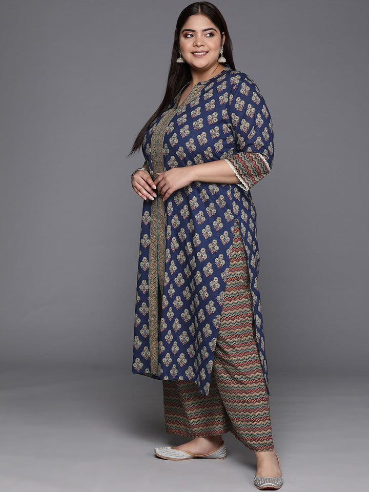 Plus Size Blue Printed Cotton Straight Kurta With Palazzos & Dupatta - Libas