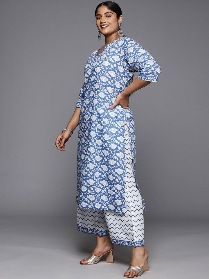 Plus Size Blue Printed Cotton Straight Kurta With Palazzos & Dupatta - Libas