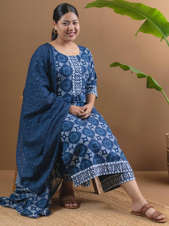 Plus Size Blue Printed Cotton Suit Set - Libas