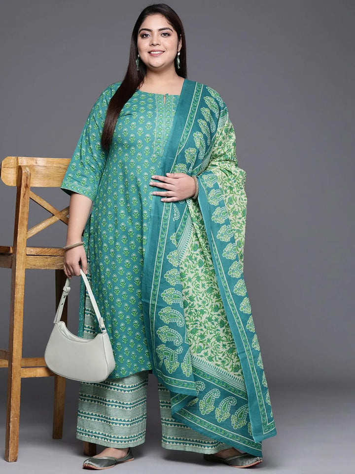 Plus Size Blue Printed Cotton Suit Set - Libas