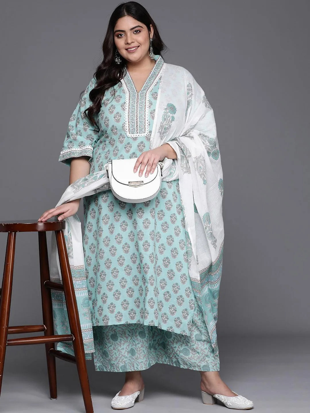 Plus Size Blue Printed Cotton Suit Set - Libas 