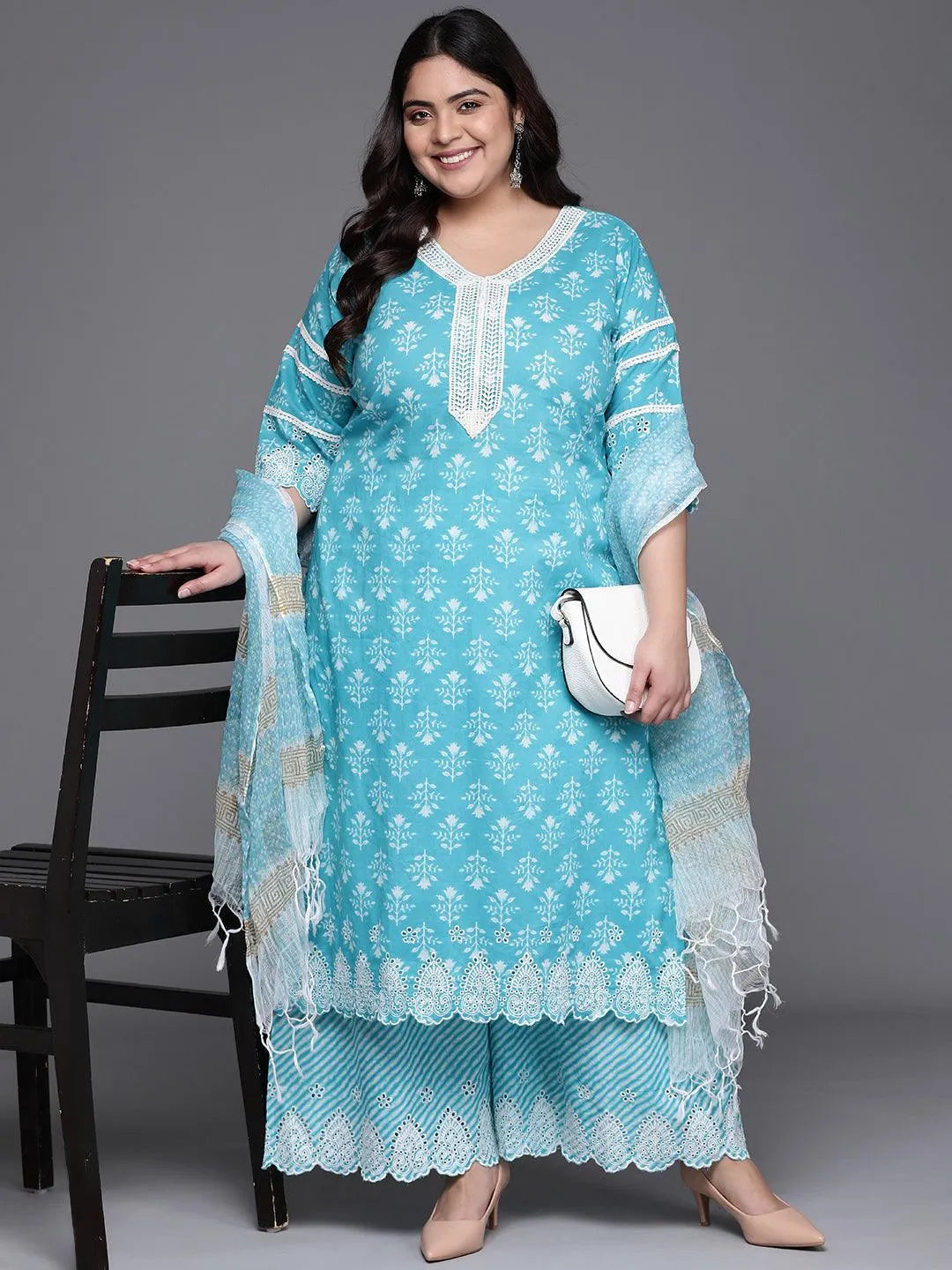 Plus Size Blue Printed Cotton Suit Set - Libas 