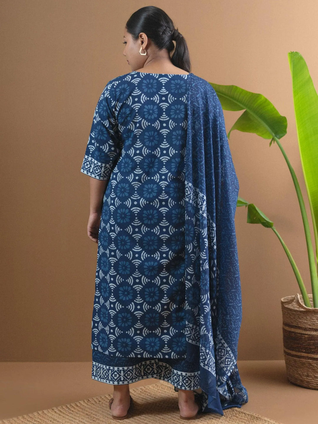 Plus Size Blue Printed Cotton Suit Set - Libas