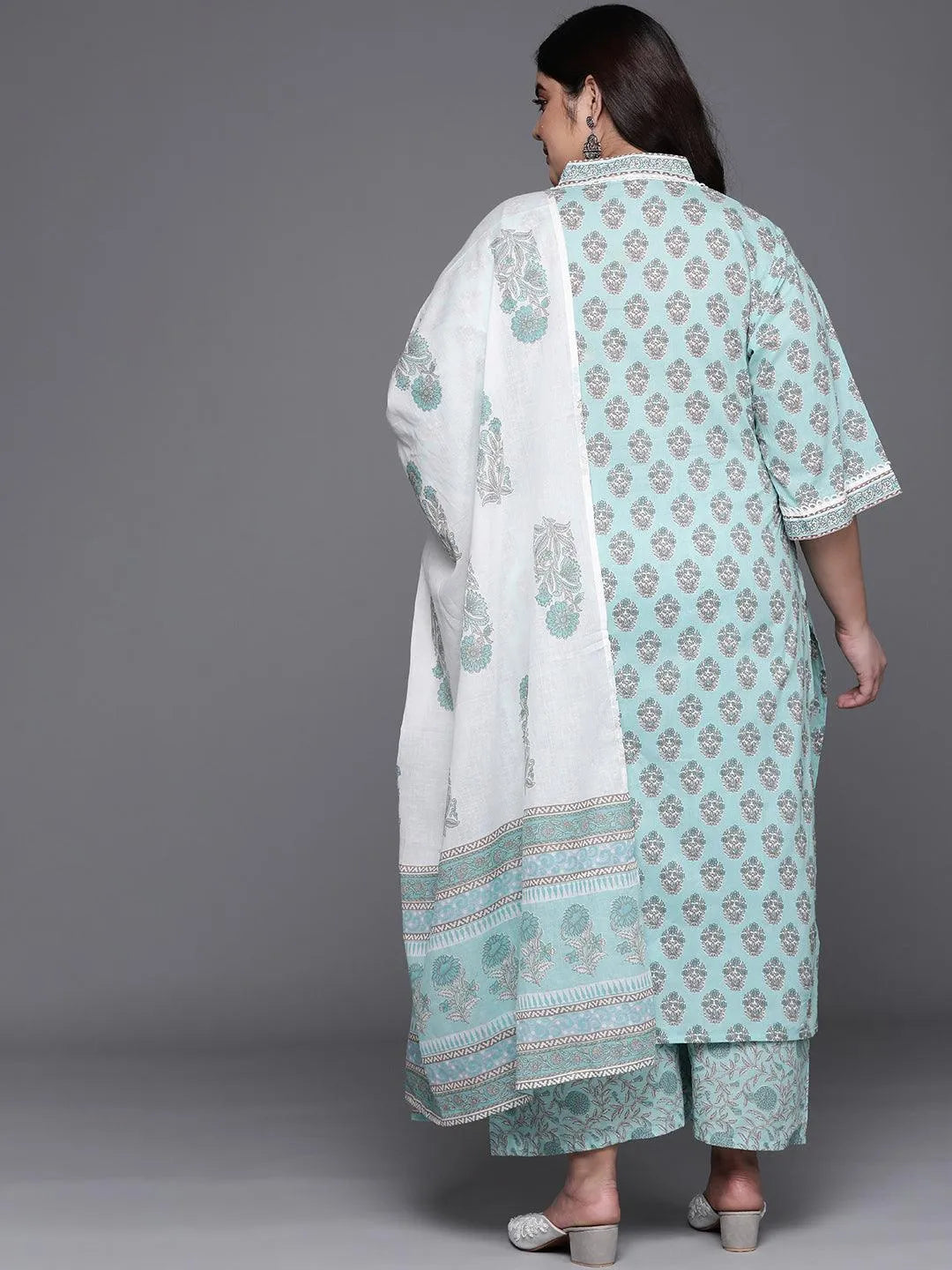 Plus Size Blue Printed Cotton Suit Set - Libas 