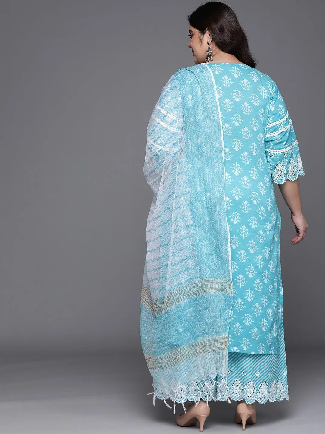 Plus Size Blue Printed Cotton Suit Set - Libas