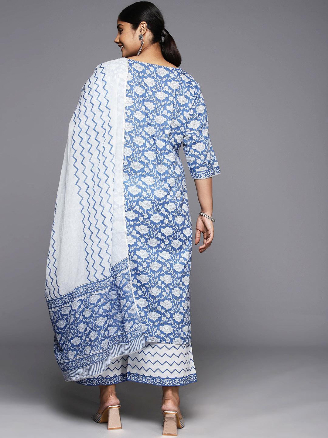 Plus Size Blue Printed Cotton Straight Kurta With Palazzos & Dupatta - Libas