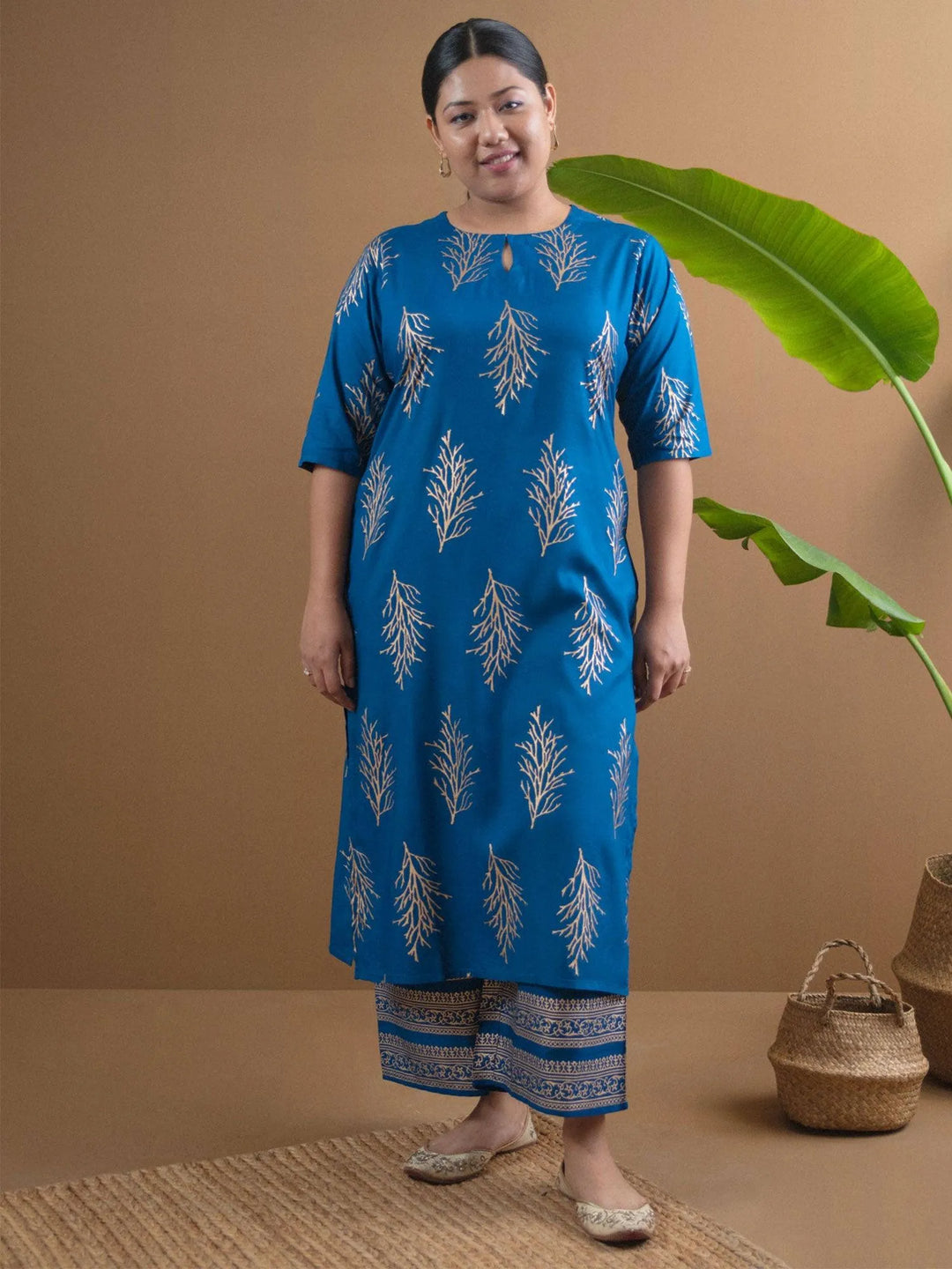 Plus Size Blue Printed Cotton Kurta Set - Libas 