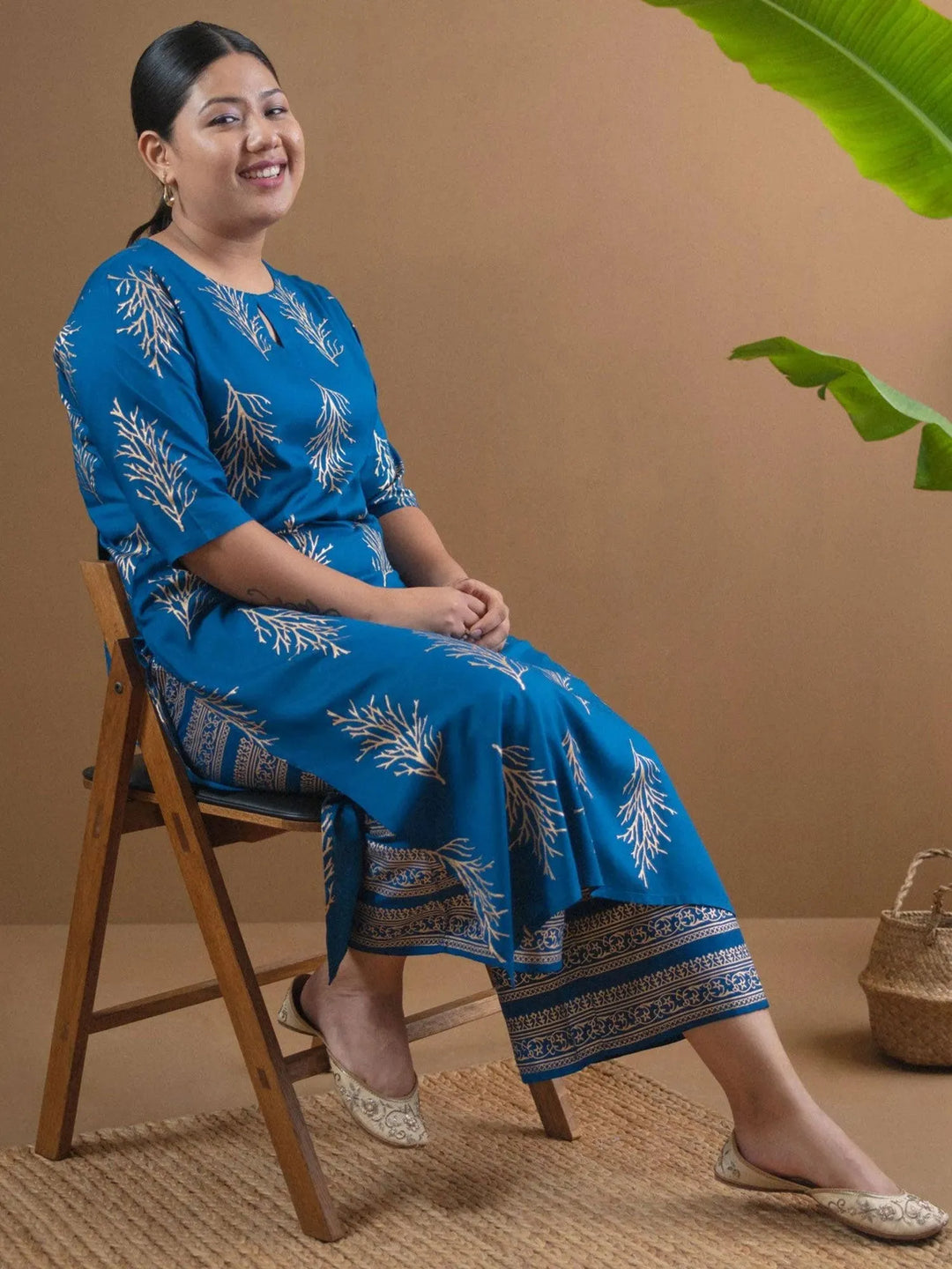 Plus Size Blue Printed Cotton Kurta Set - Libas 