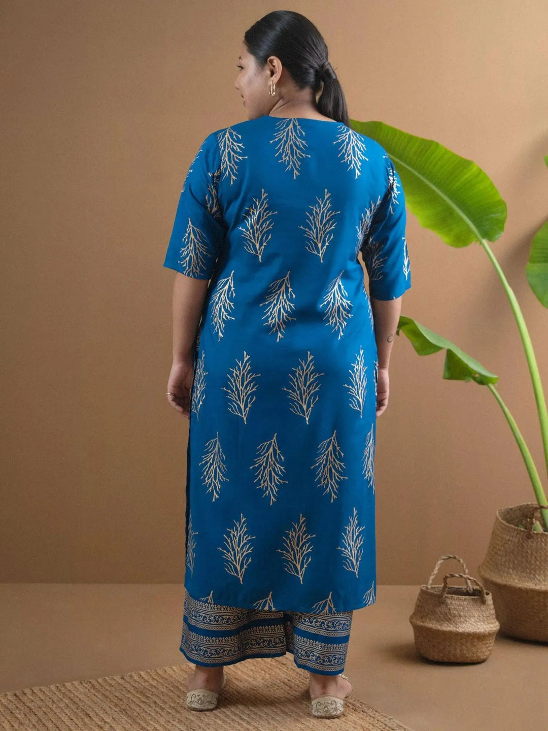 Plus Size Blue Printed Cotton Kurta Set - Libas