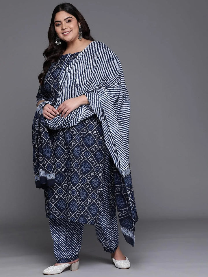 Plus Size Blue Printed Cotton Suit Set - Libas