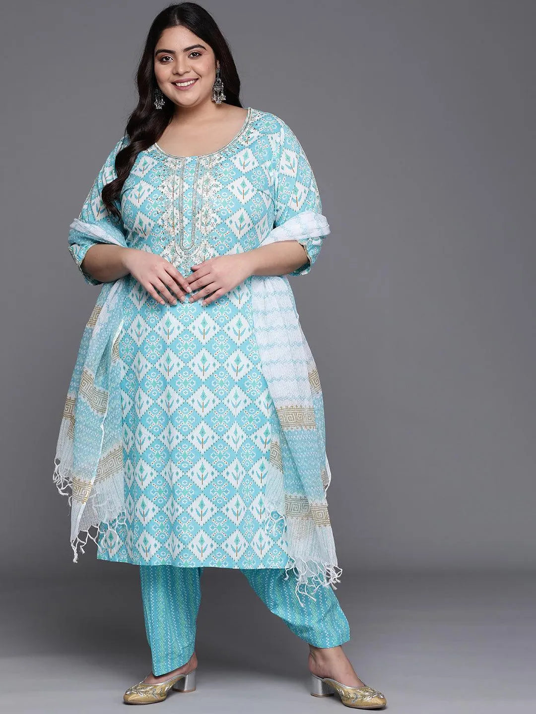 Plus Size Blue Printed Cotton Suit Set - Libas 