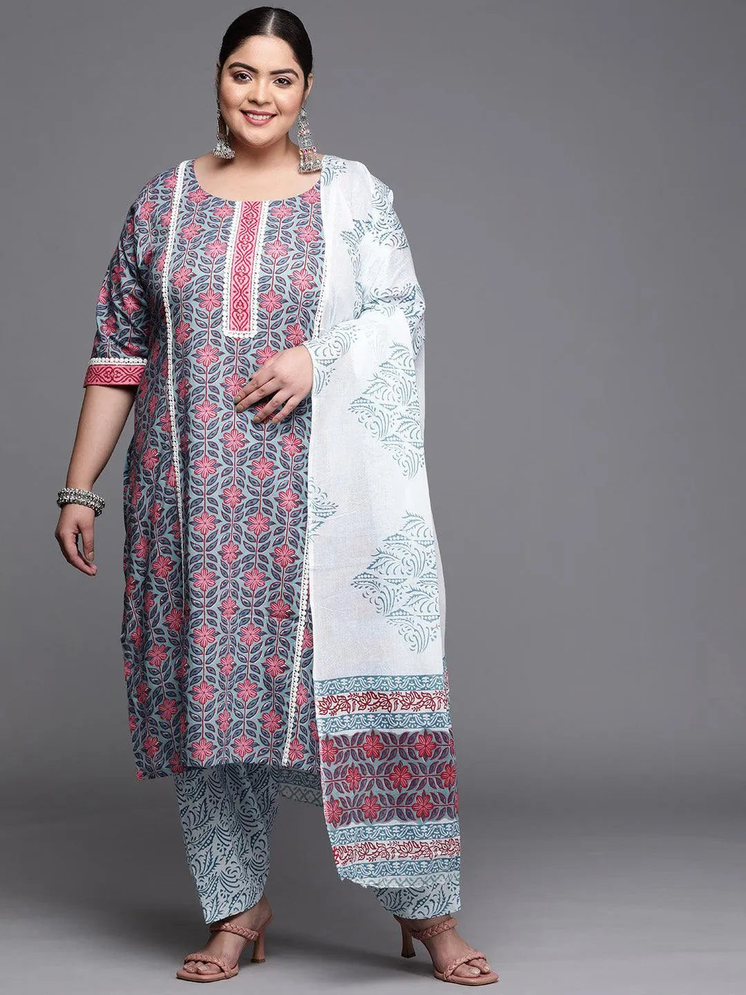 Plus Size Blue Printed Cotton Suit Set - Libas 