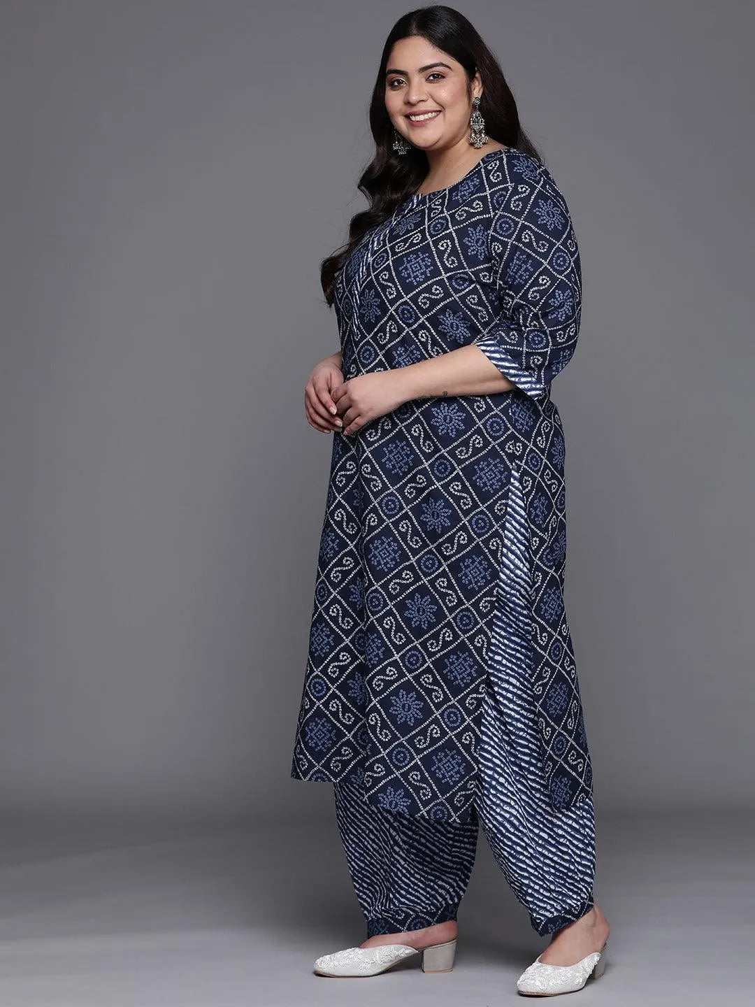 Plus Size Blue Printed Cotton Suit Set - Libas 