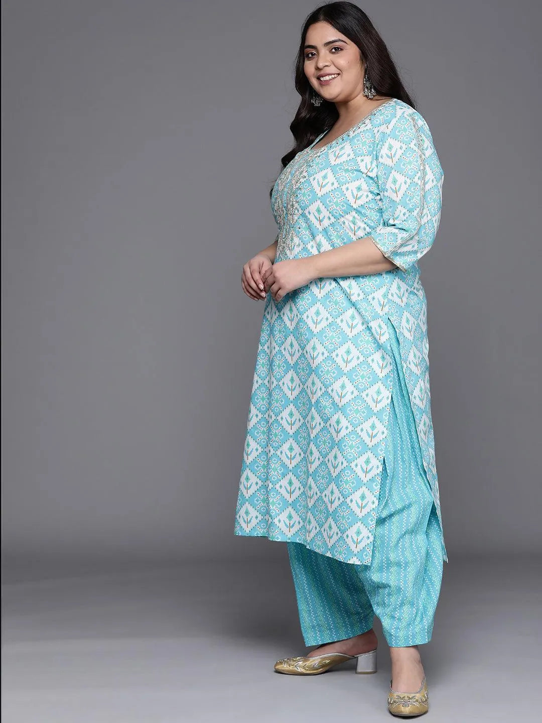 Plus Size Blue Printed Cotton Suit Set - Libas