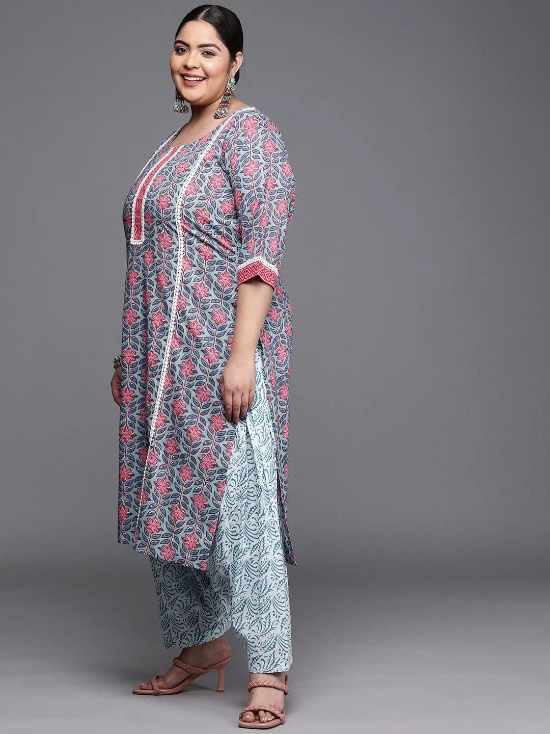 Plus Size Blue Printed Cotton Suit Set - Libas