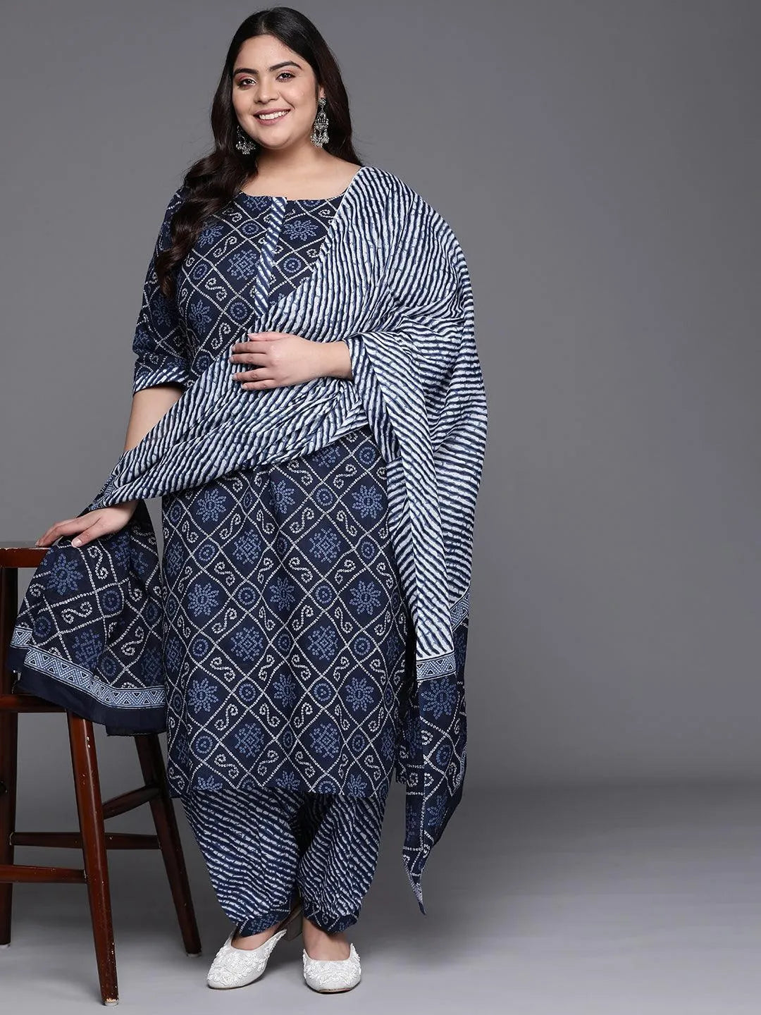 Plus Size Blue Printed Cotton Suit Set - Libas 