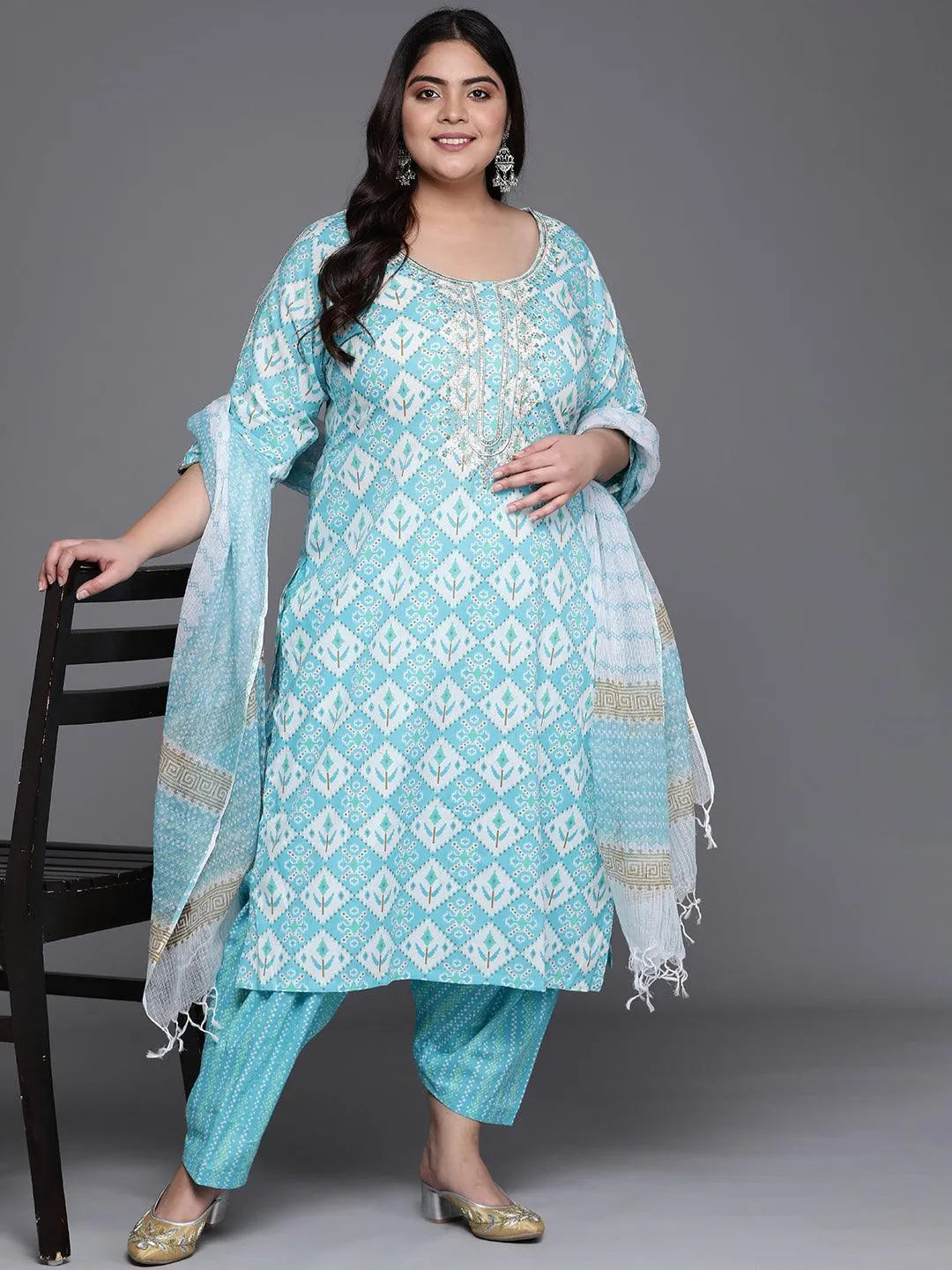 Plus Size Blue Printed Cotton Suit Set - Libas 