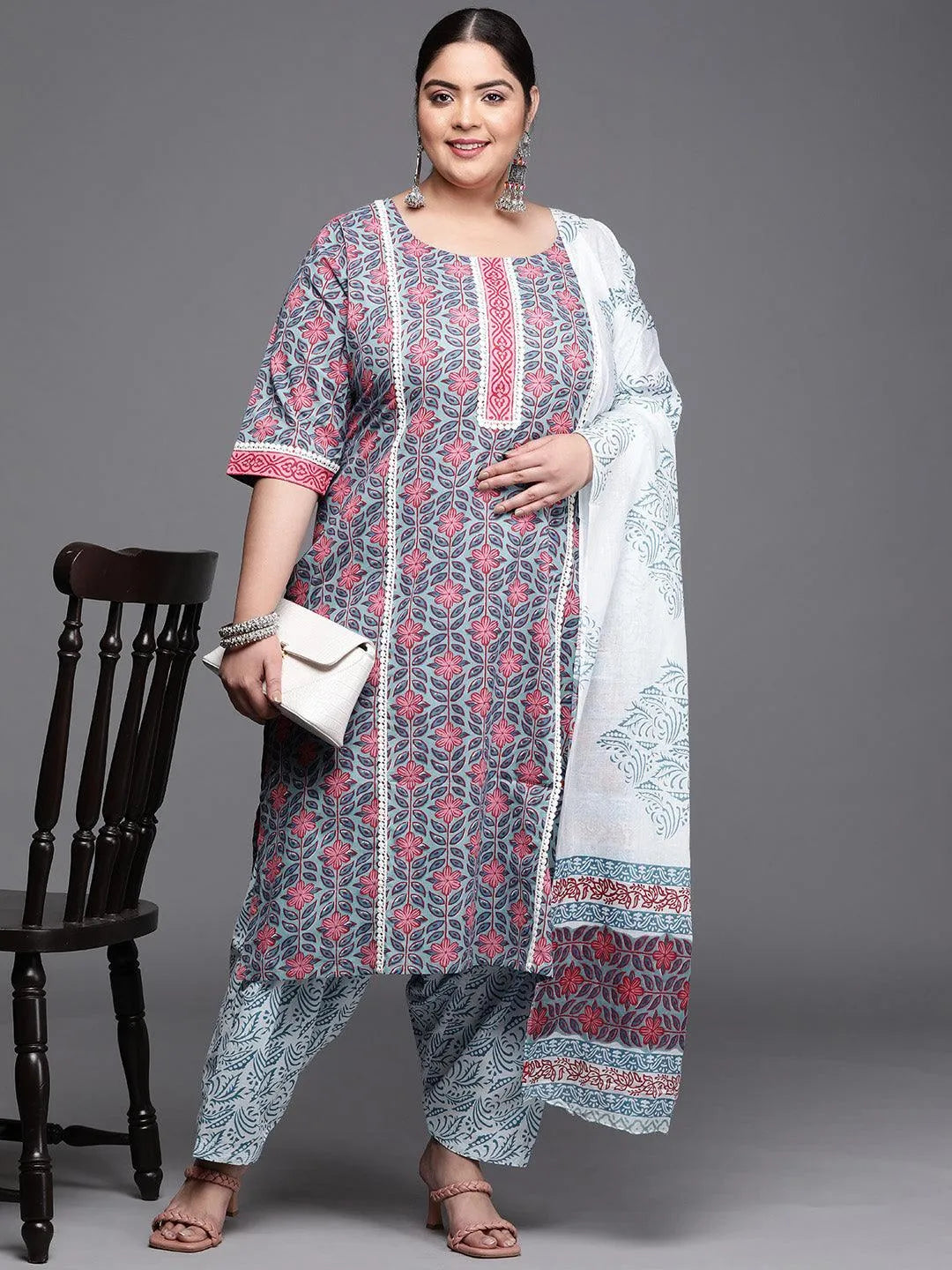 Plus Size Blue Printed Cotton Suit Set - Libas 