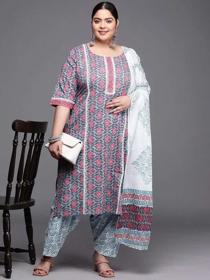 Plus Size Blue Printed Cotton Suit Set - Libas