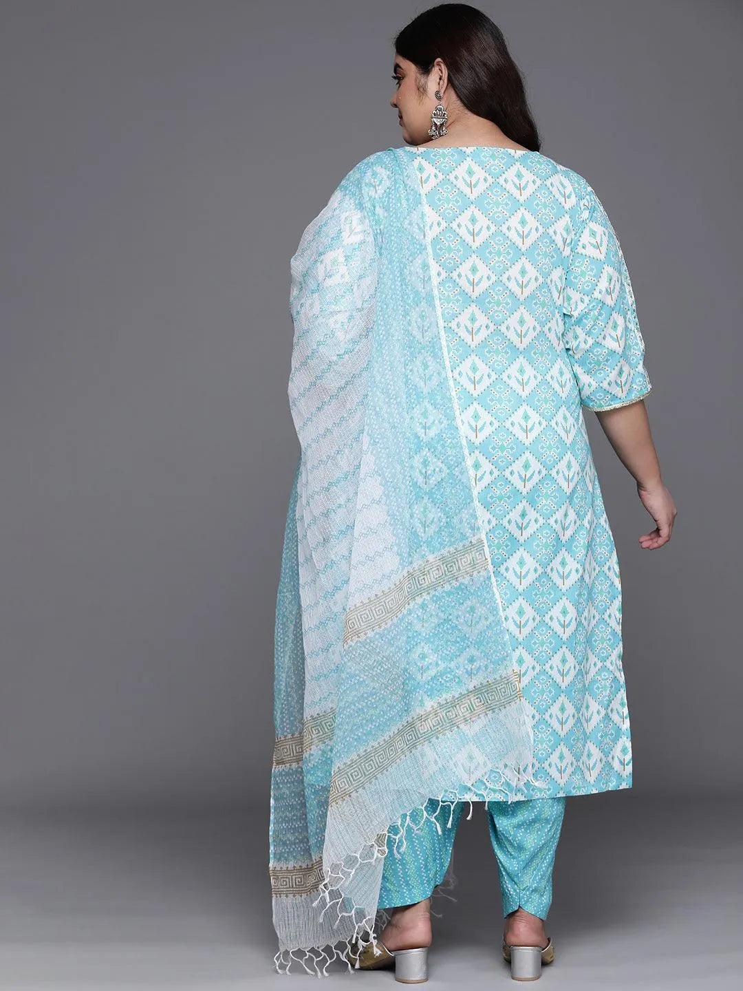 Plus Size Blue Printed Cotton Suit Set - Libas 