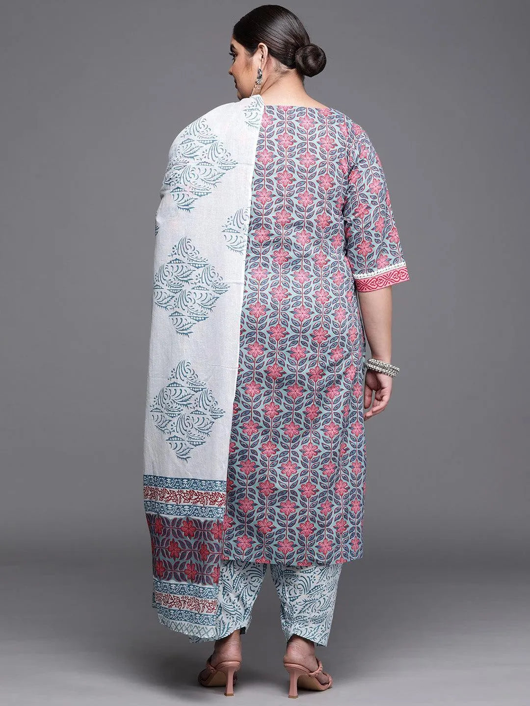 Plus Size Blue Printed Cotton Suit Set - Libas 